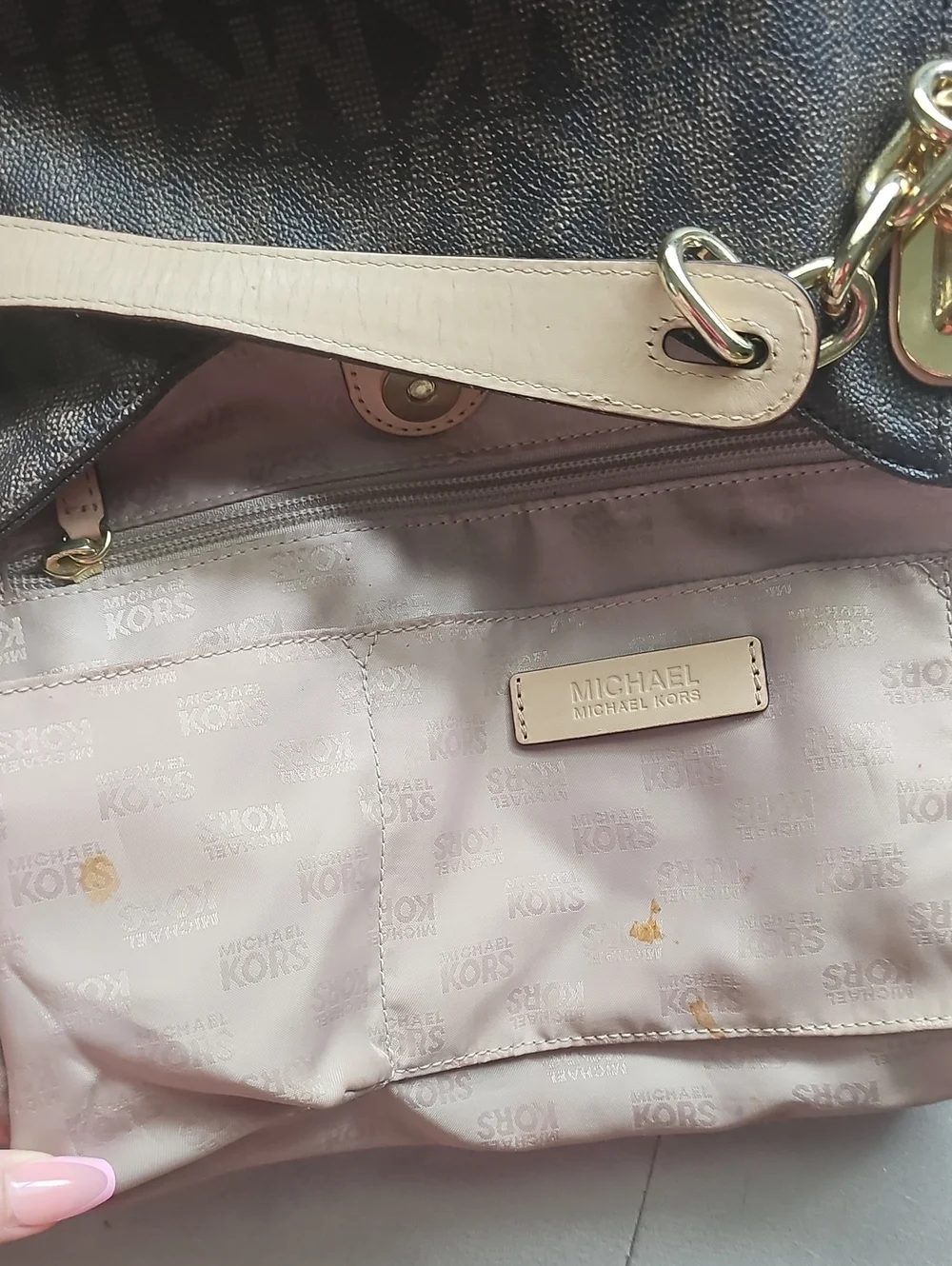 Michael Kors Dark Brown MK Monogram Chain-Handle Lilly Shoulder Bag